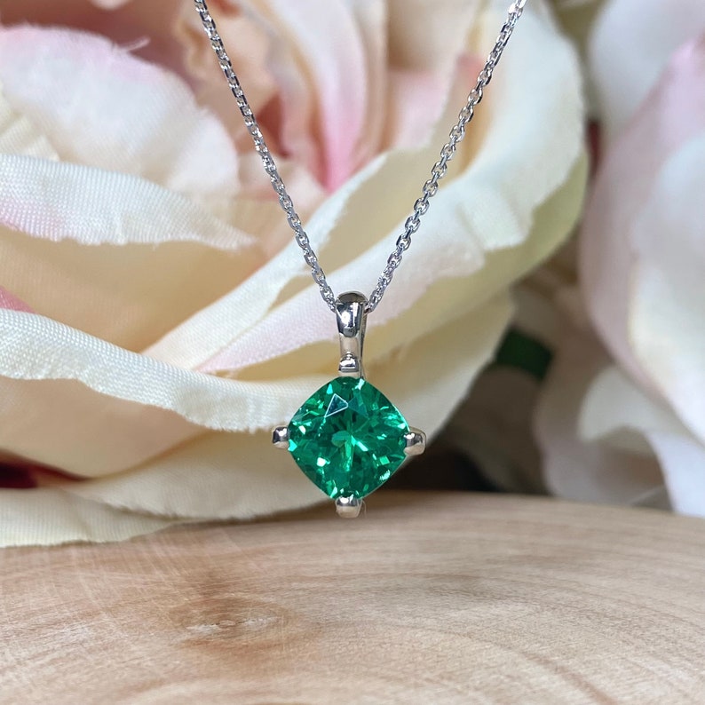 Cushion Cut Green Emerald Pendant Necklace Emerald 14k Gold Etsy