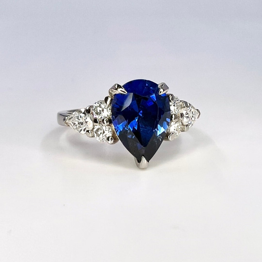 Pear Shape Blue Sapphire and Lab Grown Diamond Engagement Ring, 14k ...