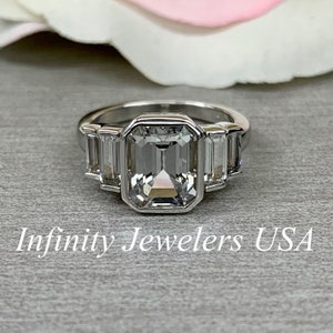 Emerald Cut Moissanite Engagement Ring, 5 Stone Wedding Ring,  14K White Gold  Emerald Cut Ring #6050