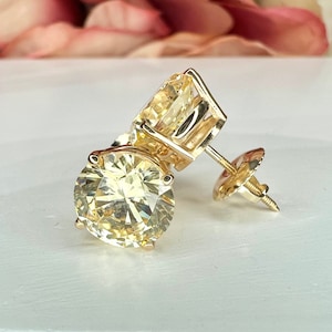 Round Yellow 3.80 CTW Stud Earrings 14k Yellow Gold, Canary Yellow Simple 14K Solid Gold Stud Earrings Unisex, Diamond Stud Earrings, #6500