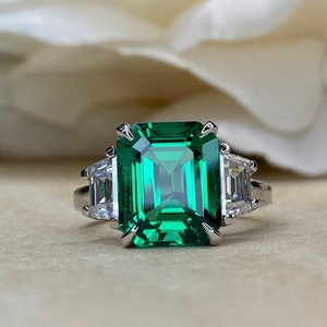 Emerald Cut Emerald Engagement Ring with Trapezoid 14K Solid White Gold, Emerald Three Stone Ladies Ring, Unique Emerald Wedding Ring  #7080