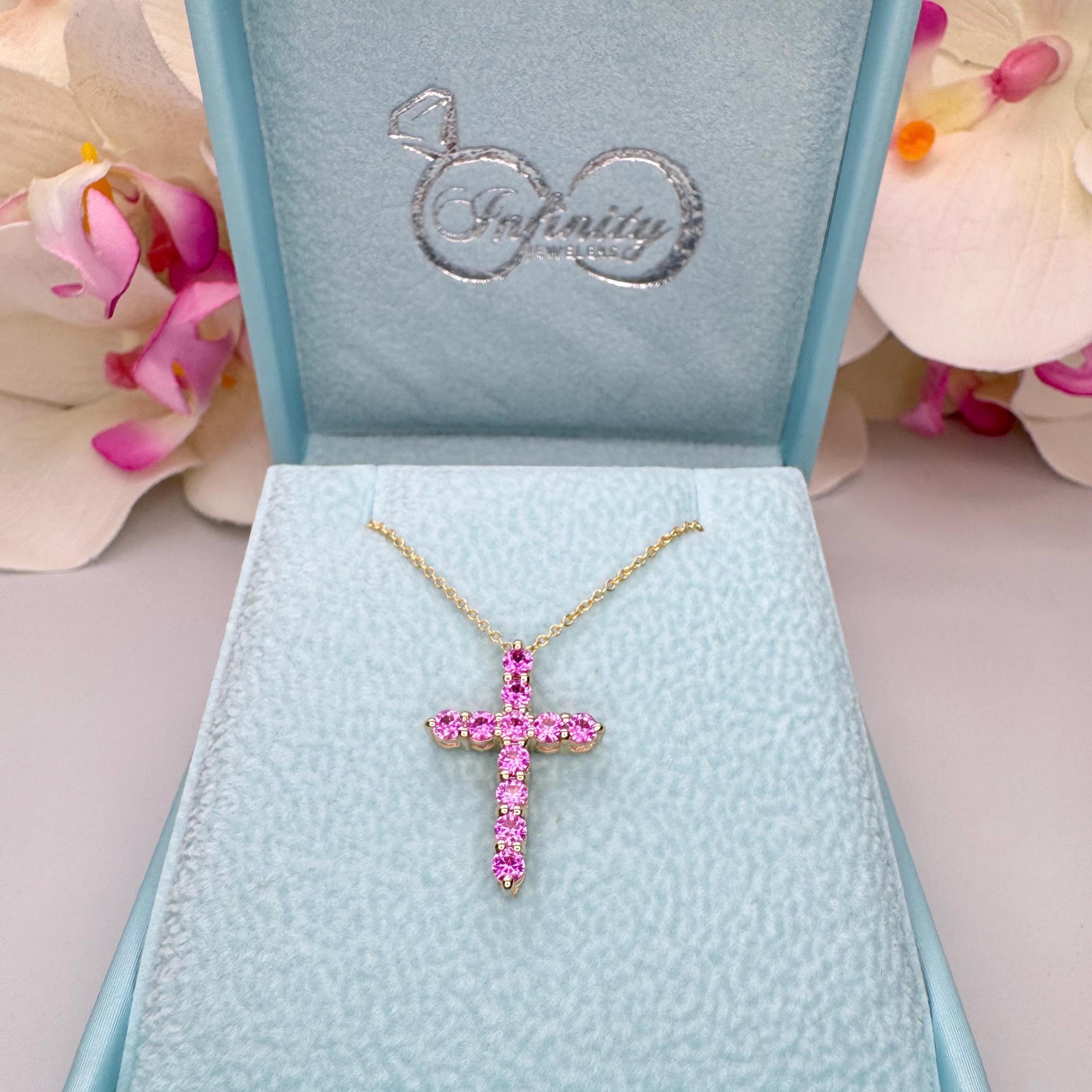 Cross Necklace With Sapphire Stones for Girls, Pink Sapphire Cross