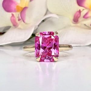 Radiant Cut Pink Sapphire Solitaire Engagement Ring, 14k Yellow Gold Pink Sapphire Birthstone Ring For Ladies, Solitaire Sapphire Ring #6419