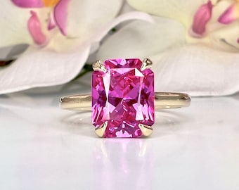 Radiant Cut Pink Sapphire Solitaire Engagement Ring, 14k Yellow Gold Pink Sapphire Birthstone Ring For Ladies, Solitaire Sapphire Ring #6419