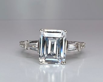 Emerald Cut Moissanite Engagement Ring For Ladies, 14k White Gold Moissanite Emerald Cut And Baguette Wedding Ring, Simulated Diamond  #5099