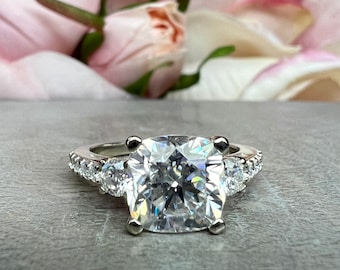 Cushion Cut Moissanite Engagement Ring, Three Stone Cushion Cut Engagement Ring, Moissanite Wedding Ring, Solitaire Engagement Ring  #7492
