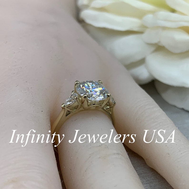 Round Cut Moissanite Engagement Ring, April Birthstone Ring, Three Stone Engagement Ring, Ladies Wedding Ring, Infinity Jewelers USA 6671 image 4