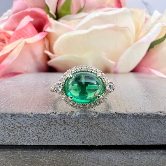 14k White Gold Diamond Halo And Round Aquamarine Cabochon Ring 14k White Gold Diamond Halo And Round Aquamarine Cabochon Ring