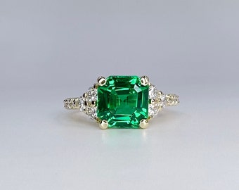 Asscher Cut Engagement Ring / Green Emerald Wedding Ring / Emerald and Moissanite Ring / Proposal Ring / 14k Yellow Gold / #6189