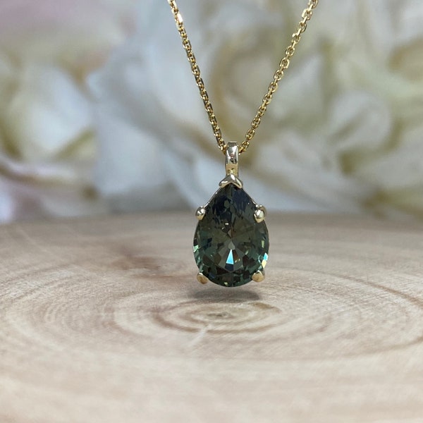 Pear Shaped Olive Green Sapphire Pendant Necklace 14k Yellow Gold Pear Shape Ladies Necklace Unique Olive Green Sapphire Pendant   #7274