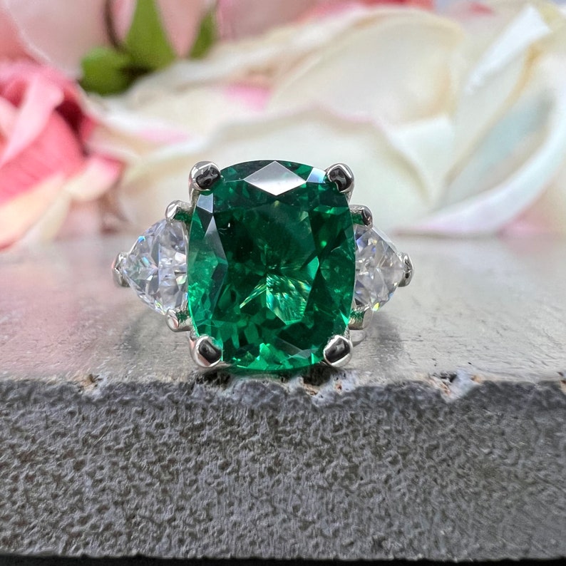 Elongated Cushion Cut Emerald Engagement Ring With White Etsy