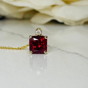 Radiant Cut Ruby And Diamond Pendant Necklace, 14k Yellow Gold Ruby and Diamond Necklace, July Birthstone Pendant Necklace For Ladies  #6337