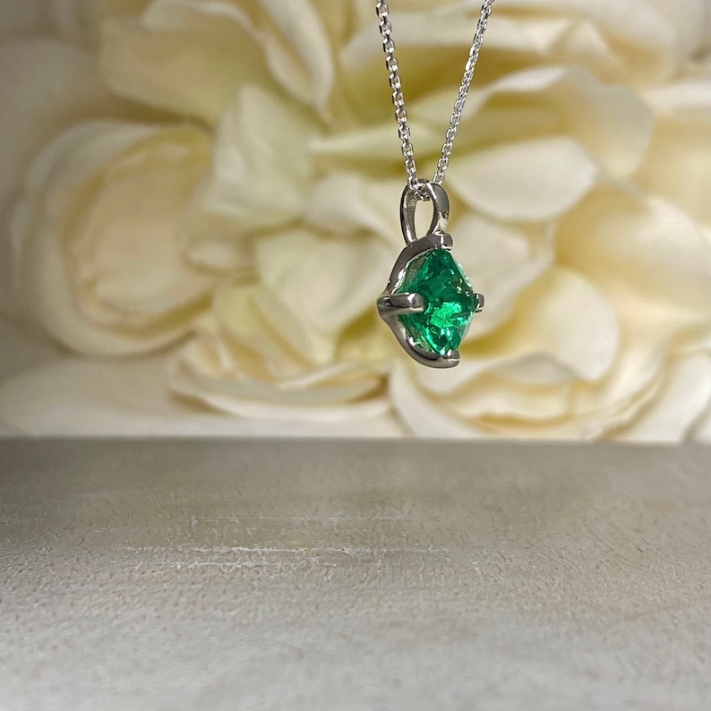 Cushion Cut Green Emerald Pendant Necklace Emerald 14k Gold Etsy