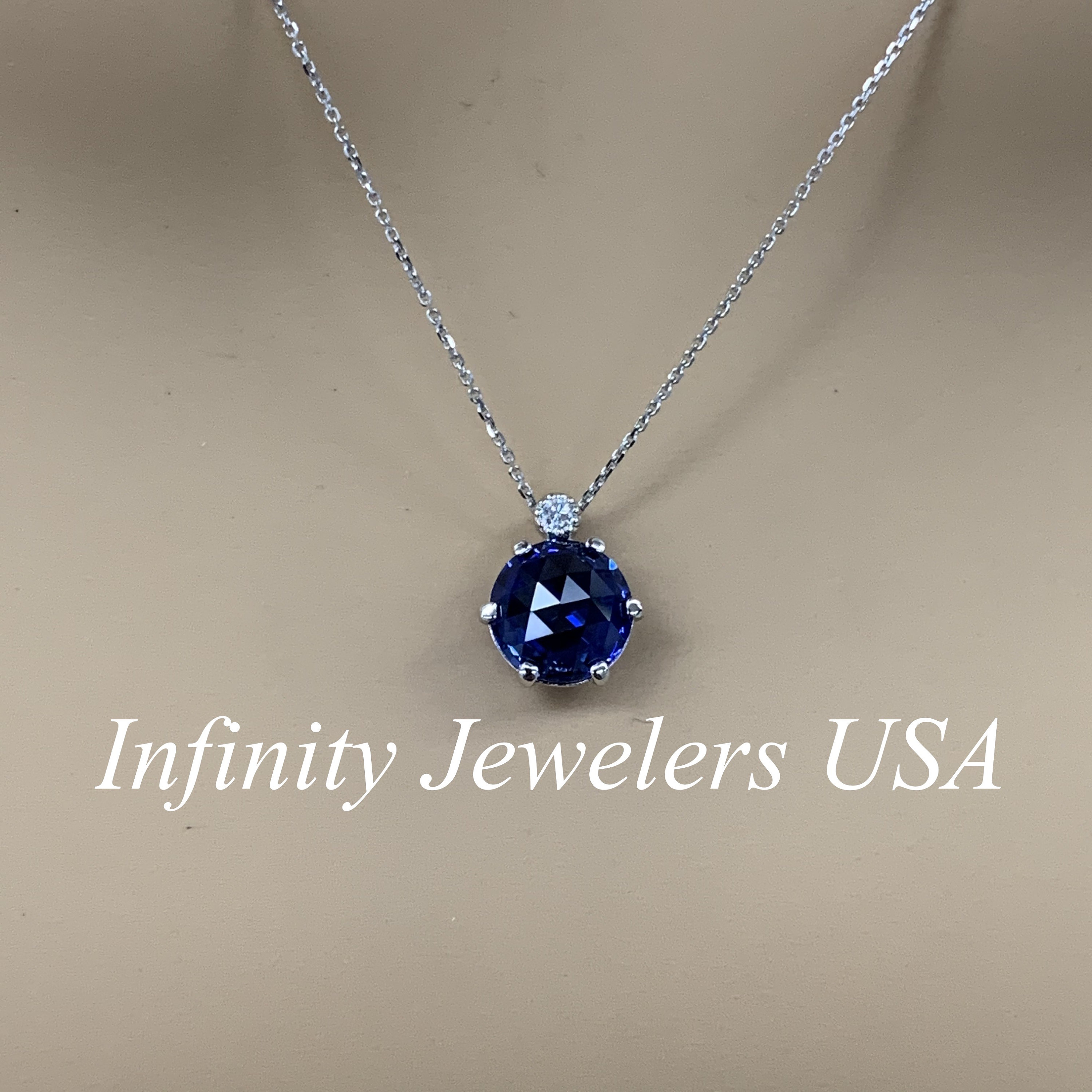 Blue Sapphire Rose Cut Necklace, Sapphire and Diamond Pendant