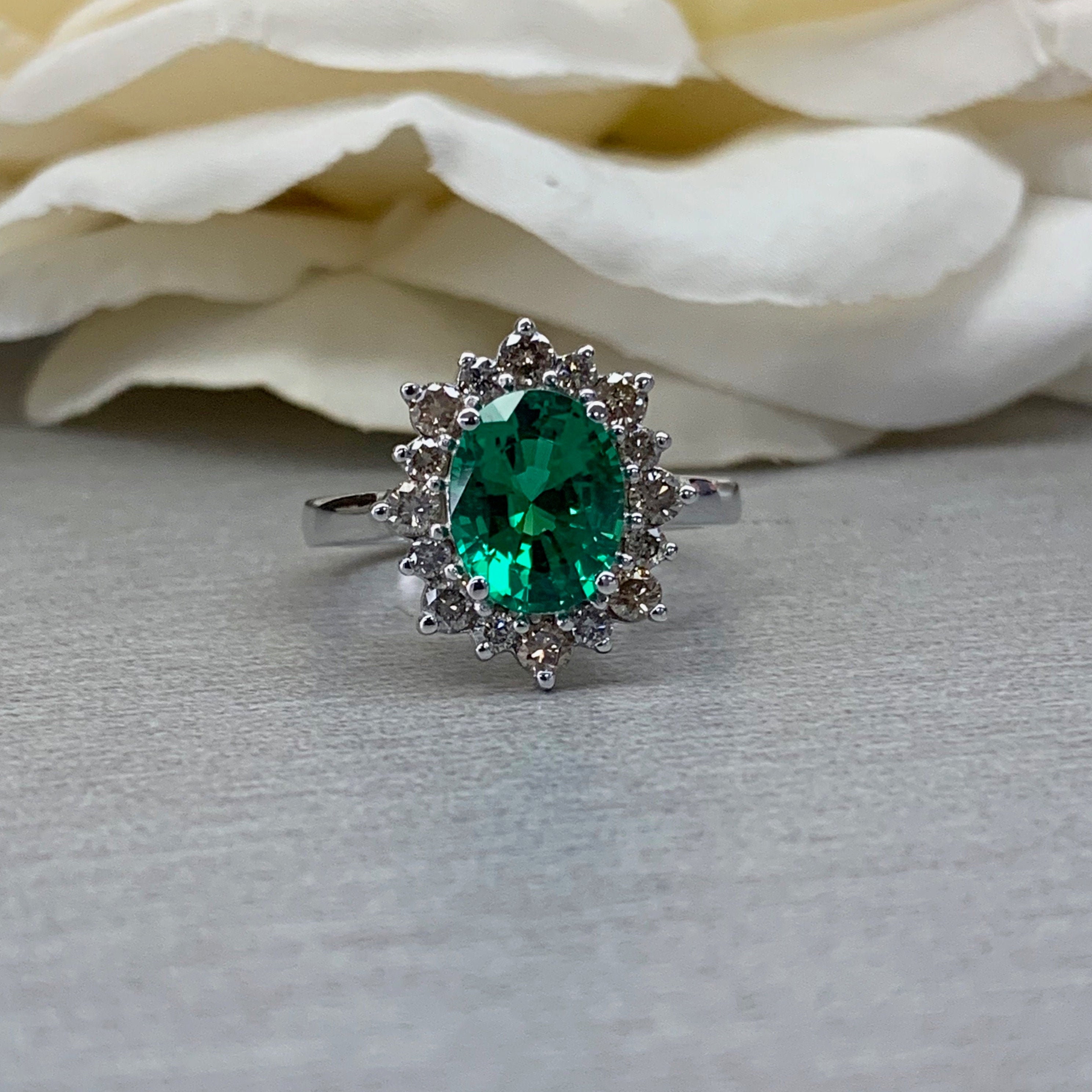 Emerald Halo Ring 14k White Gold Vintage Emerald Engagement | Etsy