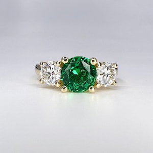 Round Emerald And Moissanite Three Stone Engagement Ring, 3 Stone Emerald And Moissanite Wedding Ring, 14k Gold May Birthstone Ring    #5539