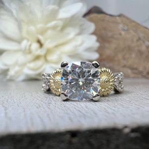 Sunflower Ring Moissanite Engagement Ring White and Yellow Gold , Cushion Cut Moissanite Engagement Ring Unique Sunflower Promise Ring #7337