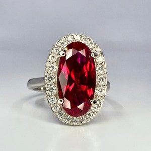 Elongated Oval Cut Engagement Ring / Red Ruby Wedding Ring / Moissanite Halo Ladies Ring / Anniversary Gift / 14k Yellow Gold / #6177