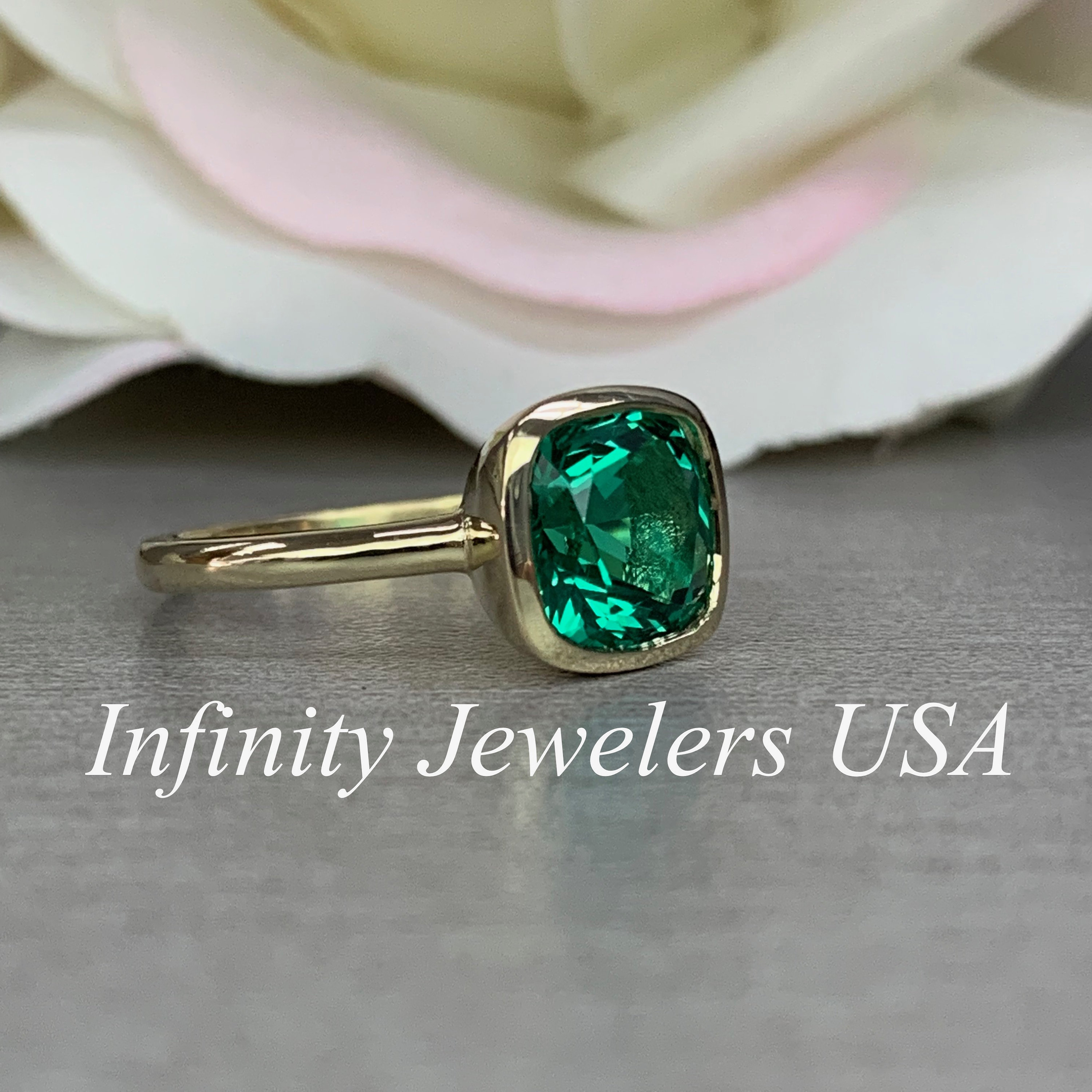 Cushion Shaped Emerald Engagement Ring 14K Yellow Gold Bezel