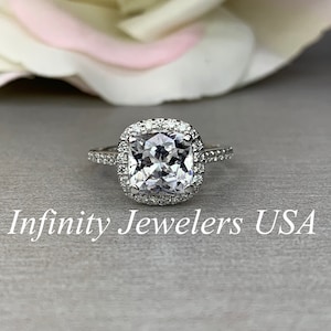 Cushion Cut White Sapphire Halo Engagement Ring, Cushion Cut Sapphire Wedding Ring With Halo, 14K White Gold Sapphire Birthstone Ring  #6030