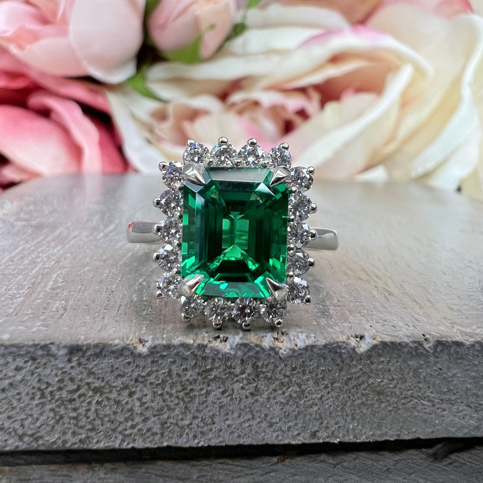 Emerald Cut Engagement Ring / Moissanite Halo Engagement Ring / 14k Yellow Gold / Emerald Ring