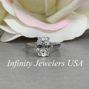Oval White Sapphire Engagement Ring 14K White Gold Oval Solitaire Promise Ring For Women Simple Oval Shaped White Sapphire Engagement Rings
