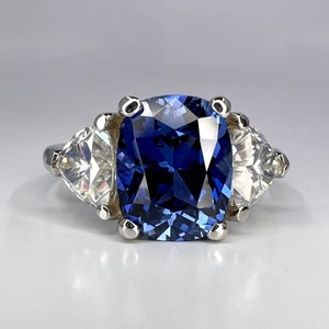 Elongated Cushion Cut Blue Sapphire Engagement Ring and Moissanite Trillion Accents, Blue Sapphire and Moissanite Ring  14K White Gold #6800