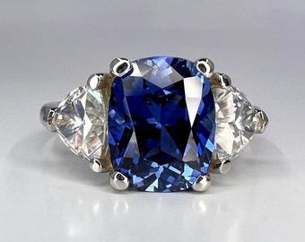 Elongated Cushion Cut Blue Sapphire Engagement Ring and Moissanite Trillion Accents, Blue Sapphire and Moissanite Ring  14K White Gold #6800