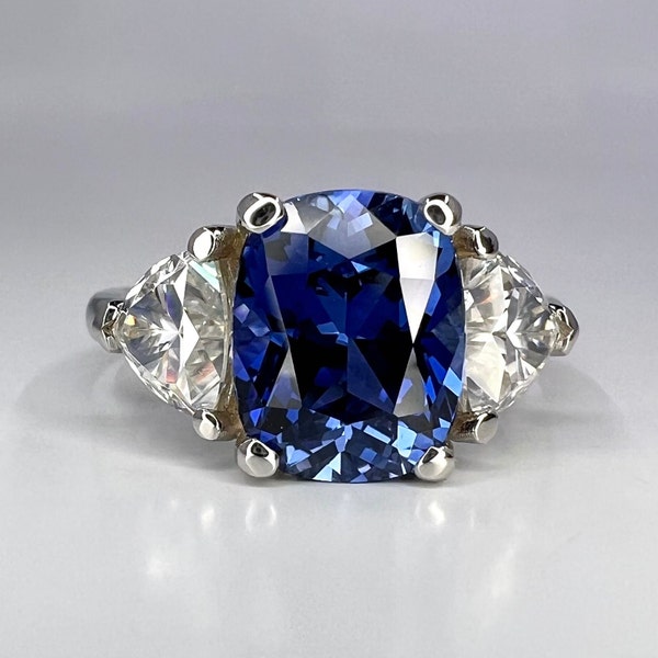Elongated Cushion Cut Blue Sapphire Engagement Ring and Moissanite Trillion Accents, Blue Sapphire and Moissanite Ring  14K White Gold #6800