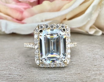 Moissanite Engagement Ring White Gold, Emerald Cut Halo Moissanite Engagement Ring, Halo Moissanite Wedding Ring For Her, 5991, 6925