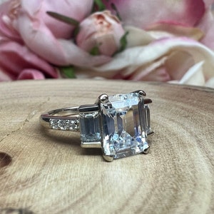 Moissanite Emerald Cut Engagement Ring With Emerald Cut Sides and Round ...