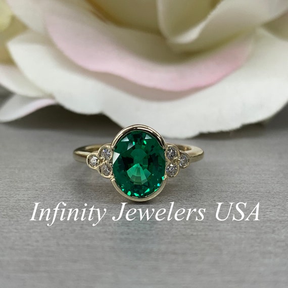Oval Cut Emerald and Moissanite Engagement Ring, Oval Emerald and