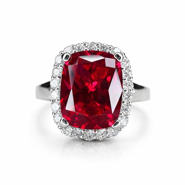Cushion Cut Ruby Engagement Ring  White Gold  Ruby And Diamond Ring Unique Vintage Ruby Anniversary Promise Wedding Ring Gift For Women 7364