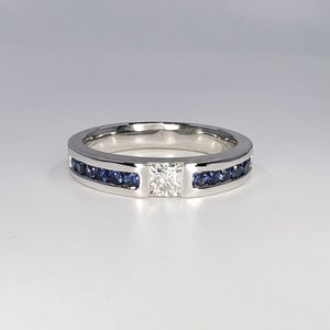 Mens Moissanite and Blue Sapphire Wedding Band 14K Solid Gold Mens White Gold Wedding Band, Wide Wedding Band, Blue Sapphire Mens Band #8183