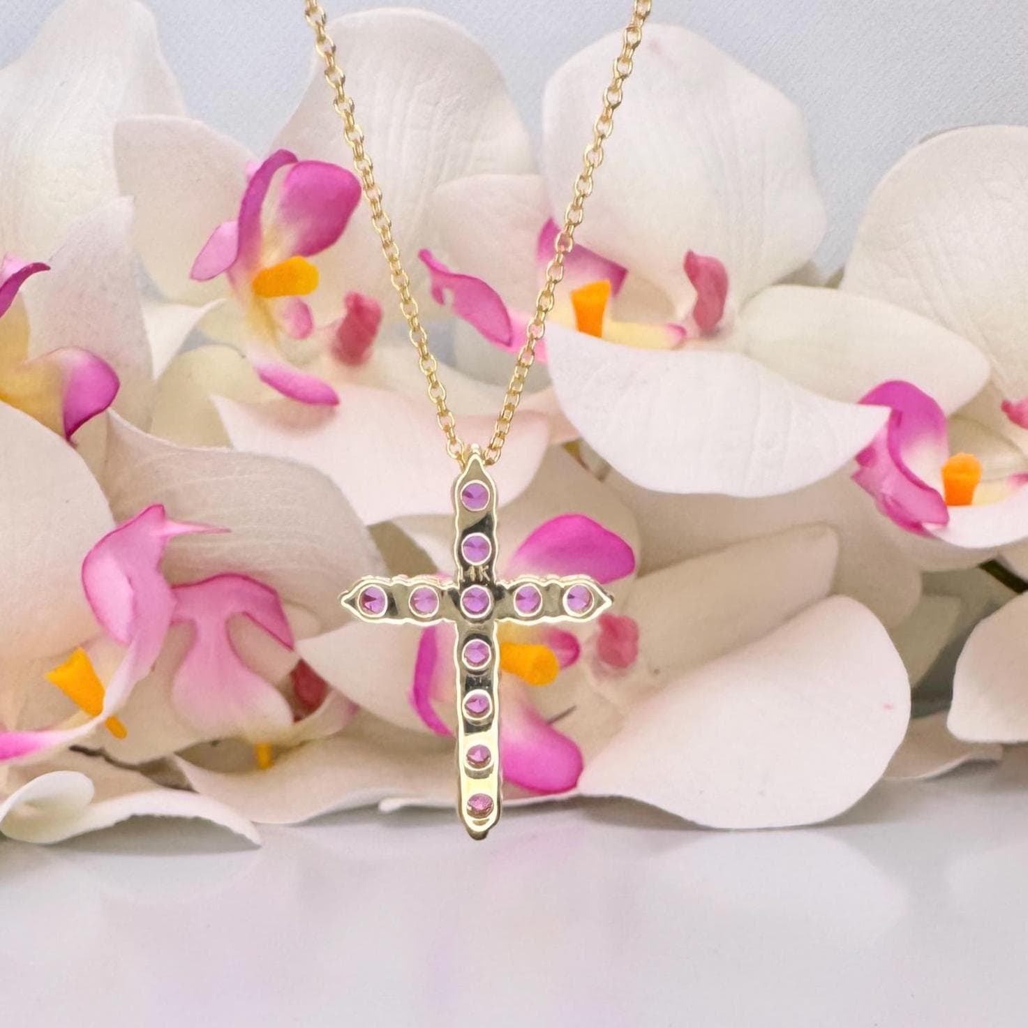 Cross Necklace With Sapphire Stones for Girls, Pink Sapphire Cross