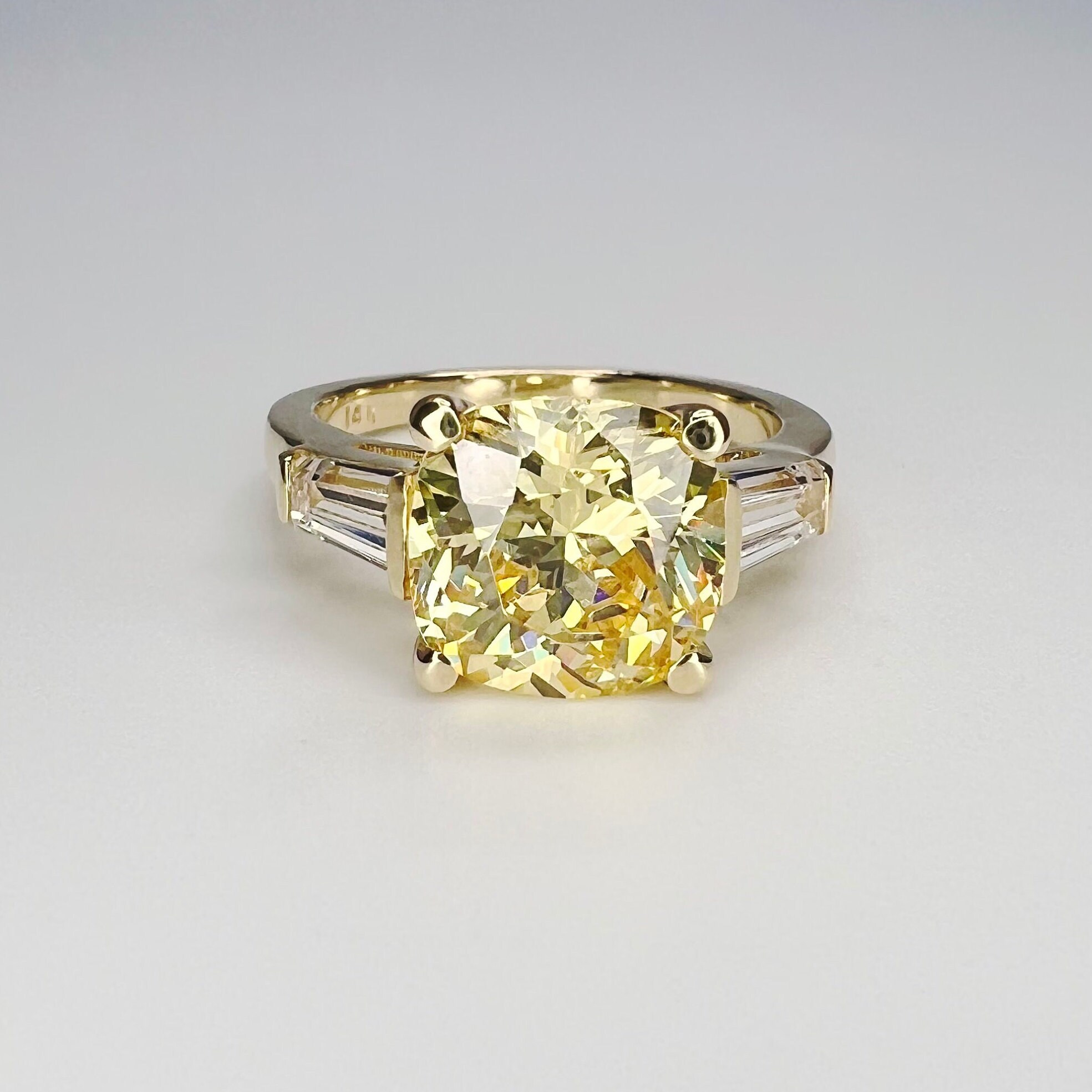 Cushion Cut Engagement Ring, Yellow Cushion Cut Engagement Ring, Solitaire Ring With Tapered Baguettes Set In 14K White Gold #4641