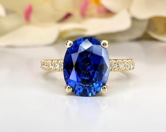 Oval Engagement Ring /  Blue Sapphire and Diamond Ring / 14k Yellow Gold / #5915