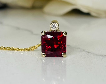 Radiant Cut Ruby And Diamond Pendant Necklace, 14k Yellow Gold Ruby and Diamond Necklace, July Birthstone Pendant Necklace For Ladies  #6337