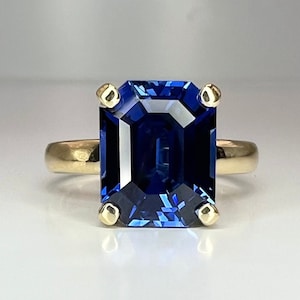 Emerald cut blue sapphire engagement ring yellow gold, Blue sapphire solitaire ring, September birthstone jewelry, Blue sapphire ring, #6132