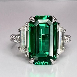 Emerald engagement ring 14K solid gold elongated emerald cut blue sapphire ruby emerald ring May birthstone ring Unique cocktail ring  #7931