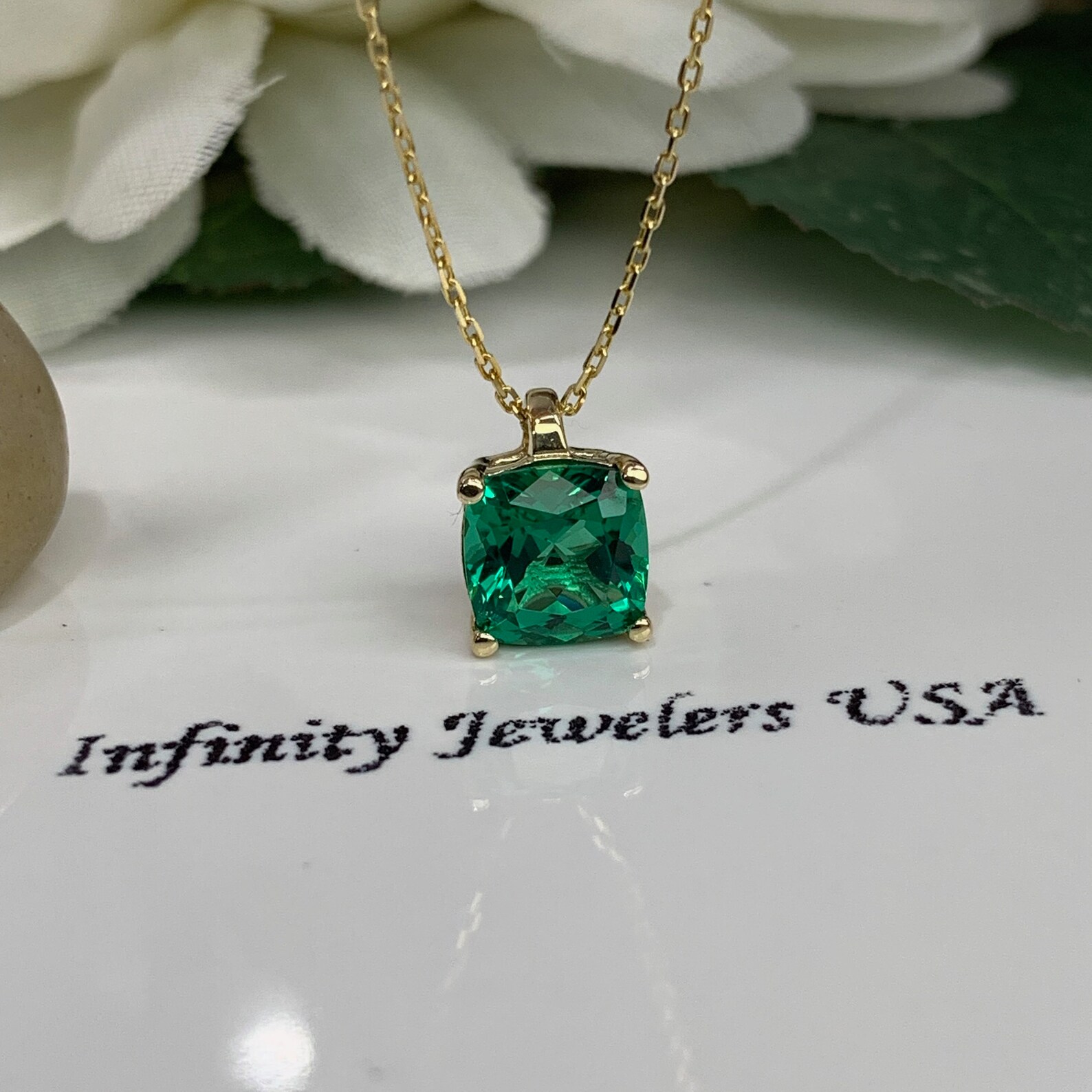 Cushion Cut Emerald Pendant Necklace 14k Gold Dainty Emerald Etsy