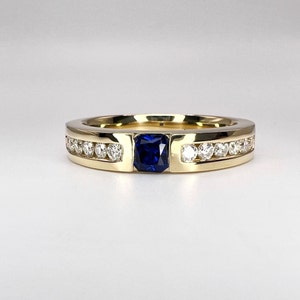 Mens Sapphire Wedding Band Solid Yellow Gold, Mens Moissanite Wedding Ring, Sapphire and Moissanite Mens Jewelery Engagement Ring Man  #7184