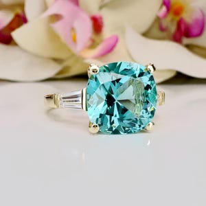 Blue Paraiba Tourmaline Cushion Moissanite Baguettes Engagement Ring  Three Stone Paraiba Tourmaline Anniversary Promise Wedding Ring  #6175
