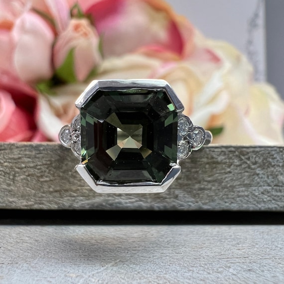 Green Montana Sapphire Engagement Ring Asscher Cut 8 Claw Prongs 1.88 Carats