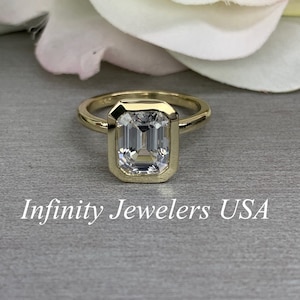 Moissanite Emerald Cut Engagement Ring, White Sapphire Contemporary Ring,  Solitaire Engagement Ring, 14K Yellow Gold #5431