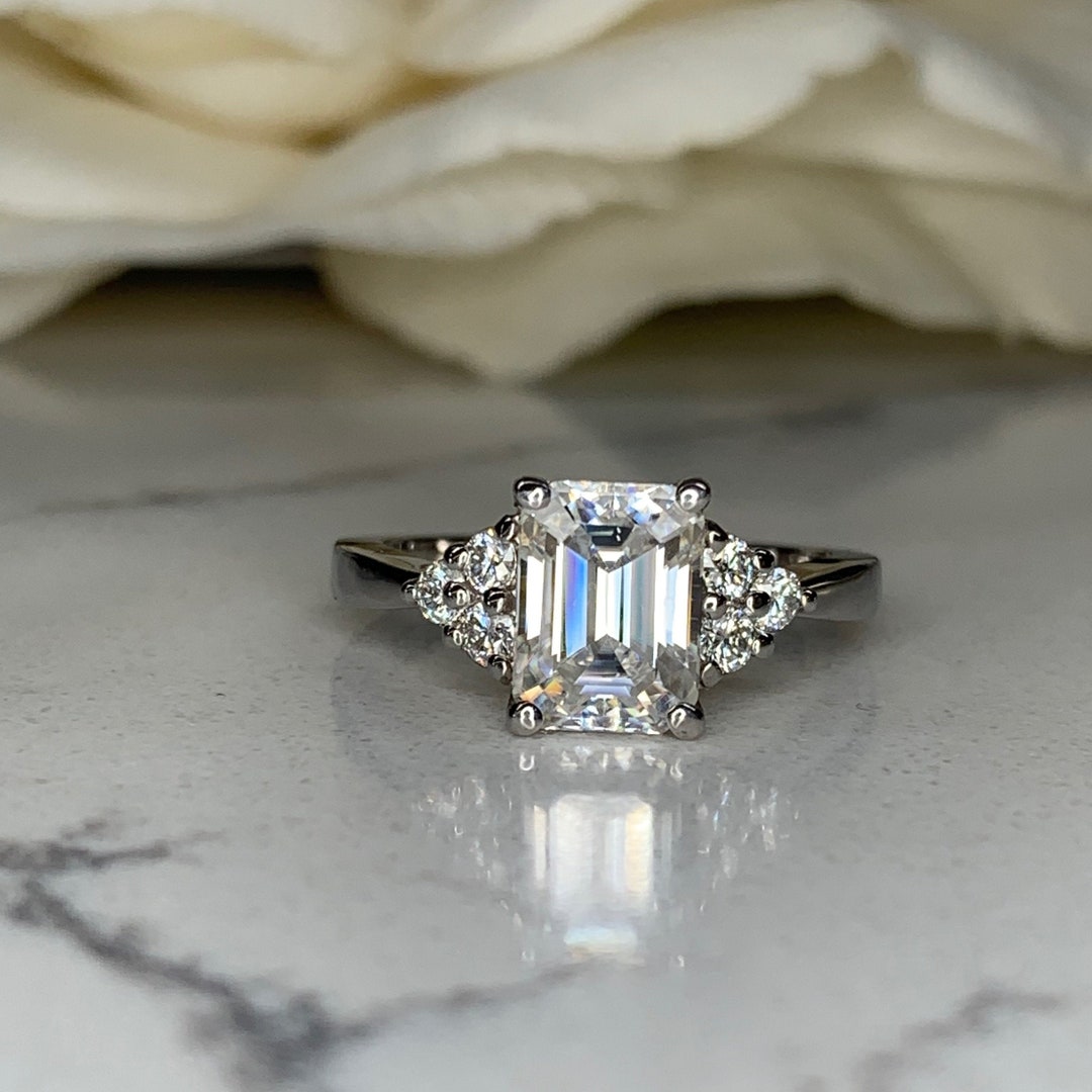 Emerald Cut Moissanite Engagement Ring Set Vintage Unique - Etsy