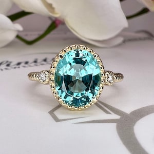 Oval Paraiba Tourmaline And Diamonds Three Stone Ring 14K Yellow Gold Paraiba Twist Band Ring Unique Vintage Paraiba Tourmaline Ring  #6154