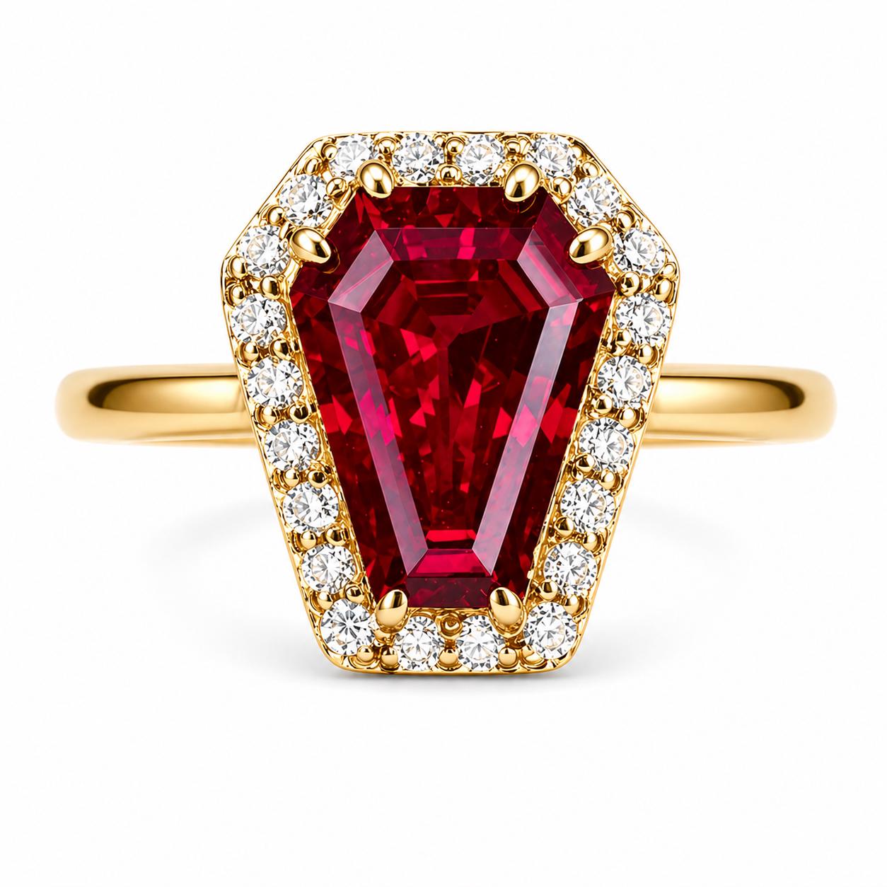 Ruby Coffin Ring, 14K Solid Gold, Vintage Gothic Halo Ring, July