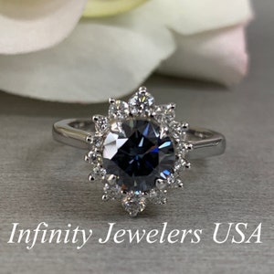 Round Charcoal Grey Moissanite / Moissanite Halo Engagement Ring / Moissanite Ring With Accents / 14K White Gold