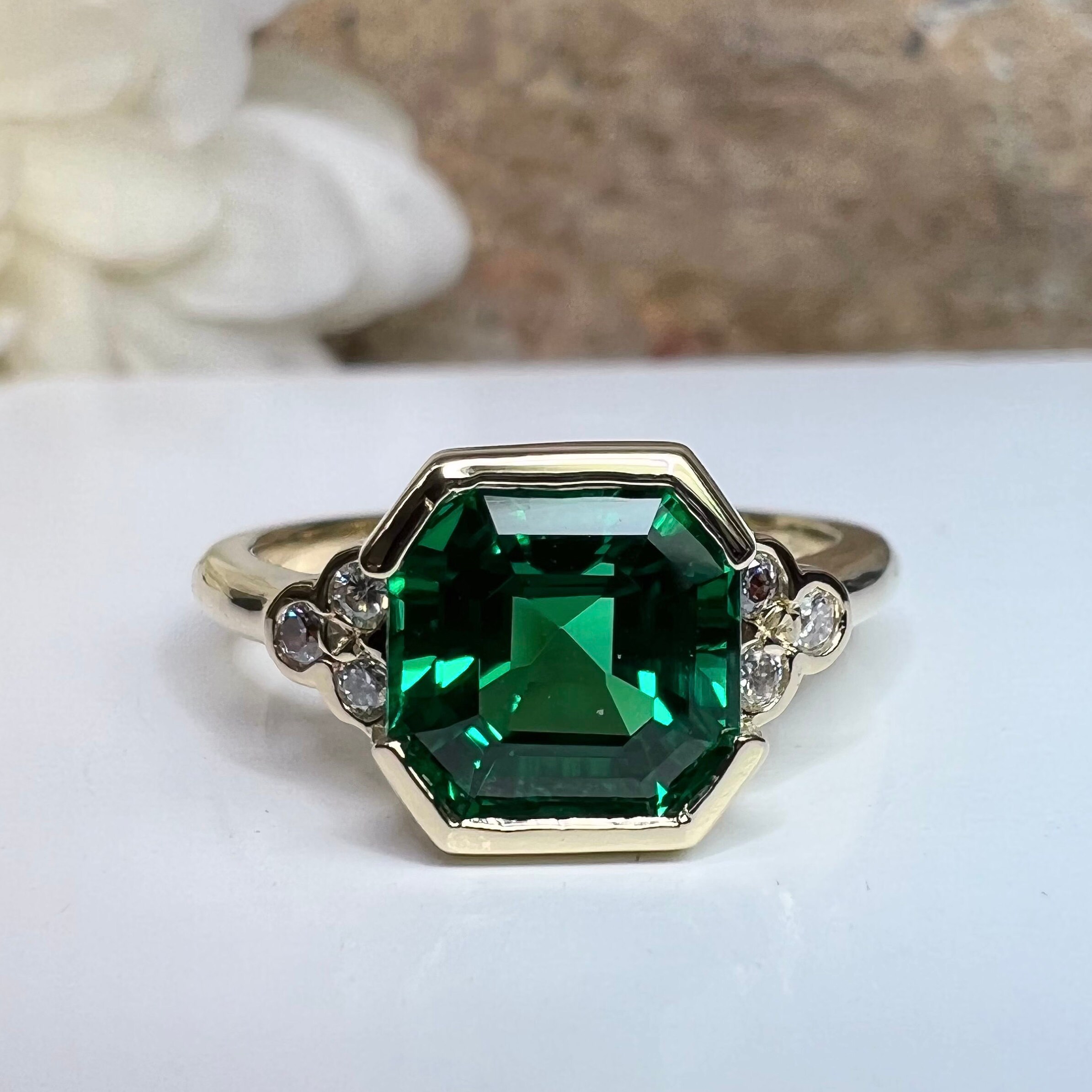 3.17cts 14K Natural Emerald-Asscher Cut Bezel Set Solitaire Gold Engagement  Ring For Sale at 1stDibs | green stone ring for little finger, green stone  ring for small finger, emerald ring in little